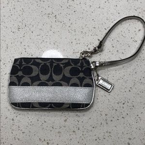 Coach wristlet, navy blue/denim and silver